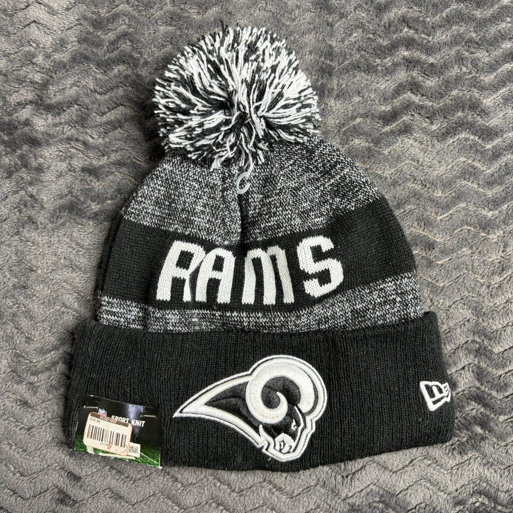 New Era Los Angeles Rams NFL Sport Knit Beanie Hat Fleece Lined Black Grey Pom
